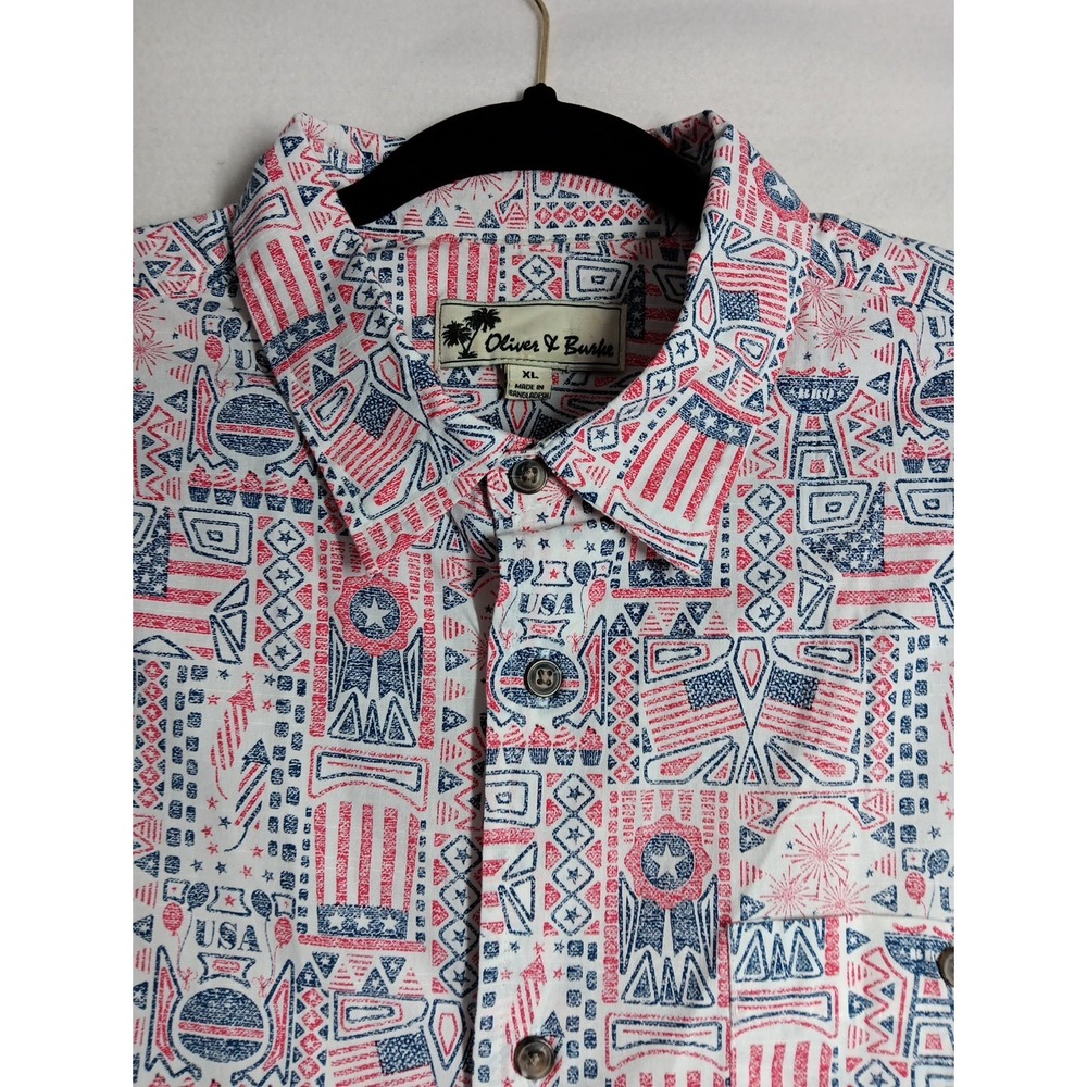 Oliver & Burke Hawaiian Button Up‎ Shirt American USA Flag Floral Mens XL